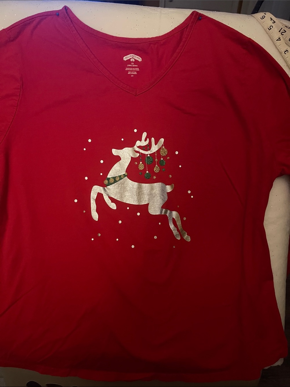 Holiday Time Red V-Neck Cotton Shirt. Comfortable, cheerful for the holidays !